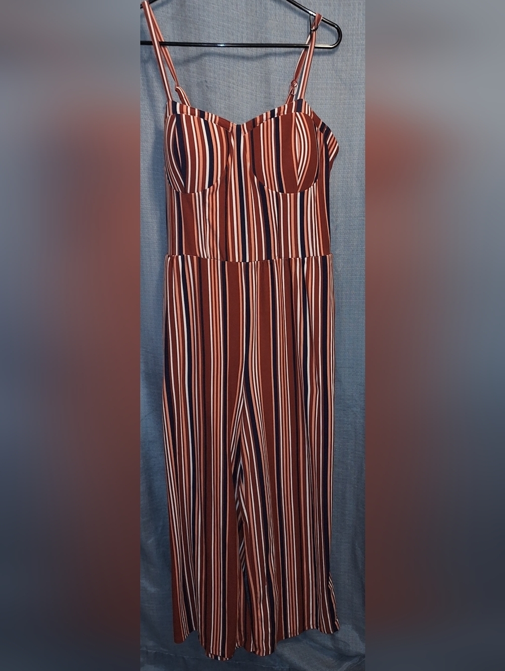 No Boundaries Jumpsuit Wide Leg Rust Navy White Stripe Spaghetti Strap XL